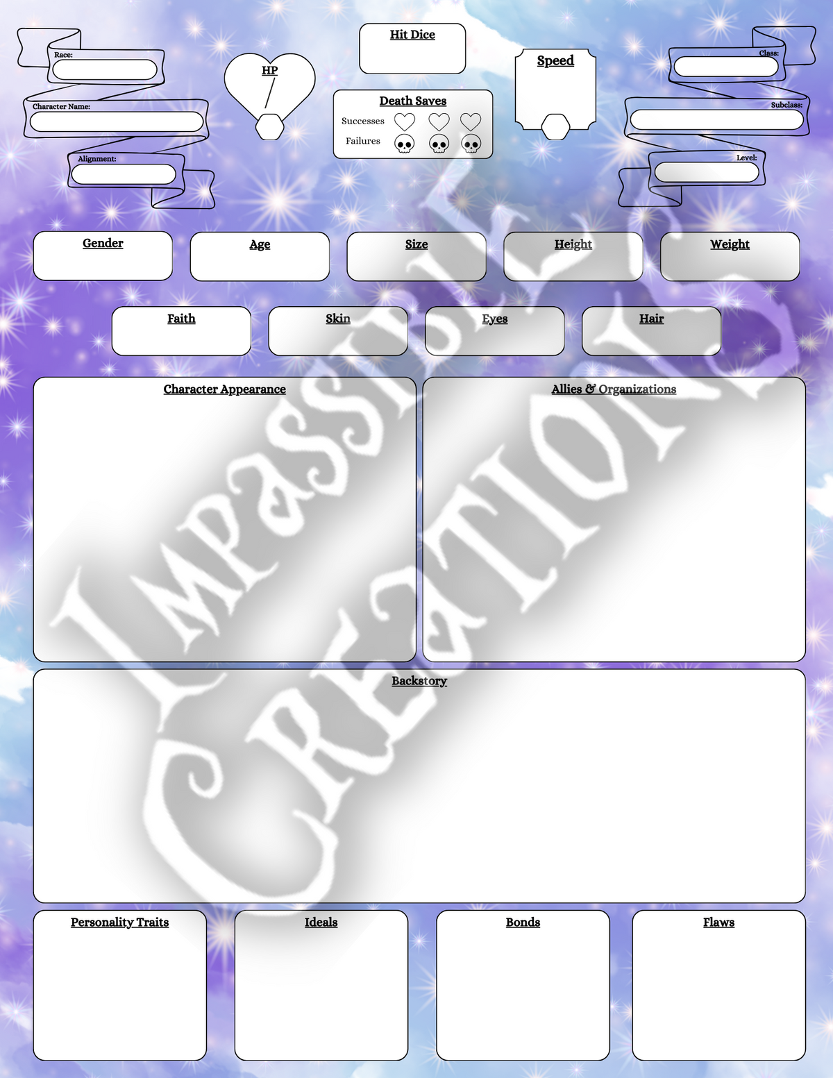 Moonbean Character Moonbeam Character Sheet – Impassible Creations